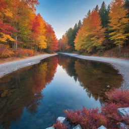 A serene landscape during twilight, where a crystal clear river winds through vibrant, colorful, autumnal trees.