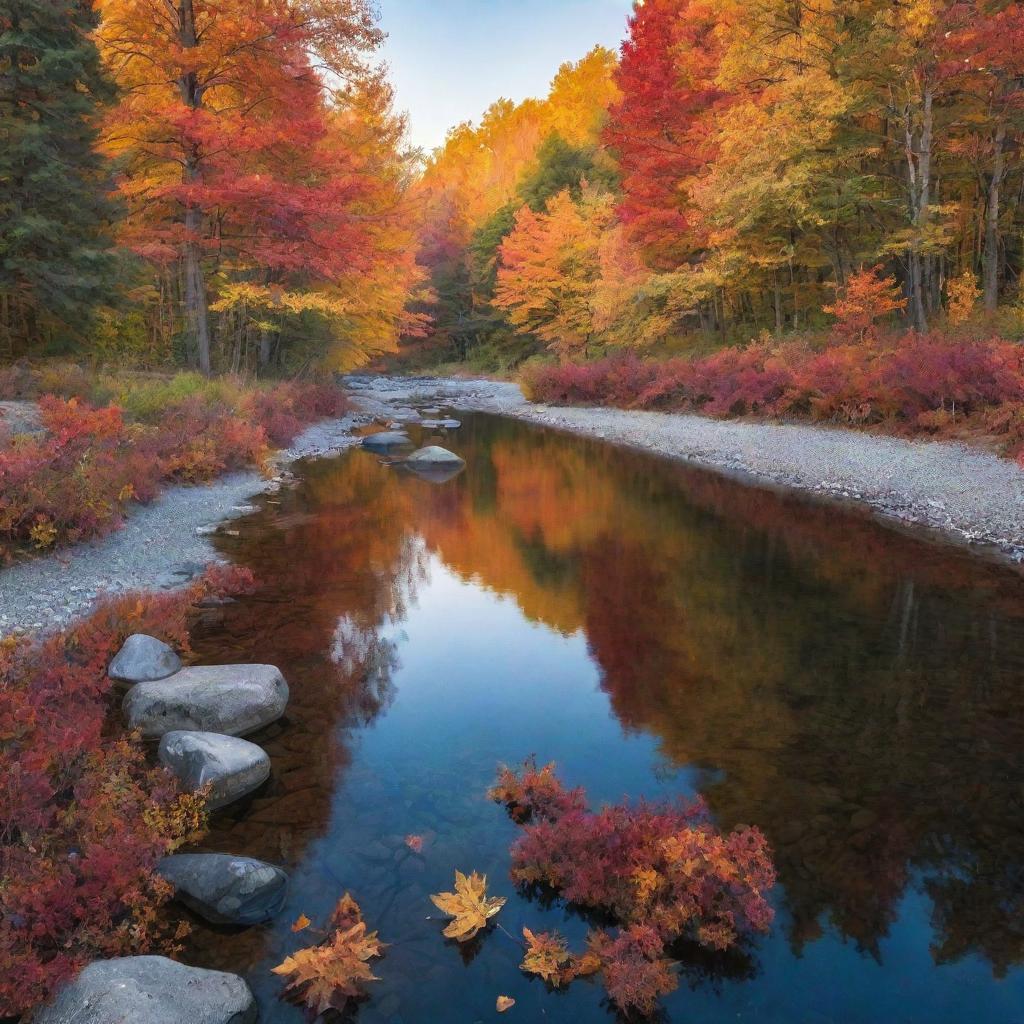 A serene landscape during twilight, where a crystal clear river winds through vibrant, colorful, autumnal trees.