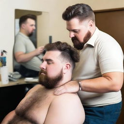 Generate an image of a chubby, hairy man getting a haircut from his similarly chubby barber