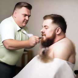 Generate an image of a chubby, hairy man getting a haircut from his similarly chubby barber