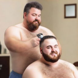 Generate an image of a chubby, hairy man getting a haircut from his similarly chubby barber