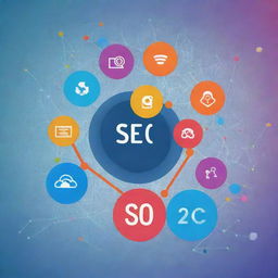 An abstract digital illustration representing SEO. Icons related to links, keywords, and website optimization against a background showcasing colorful graphs and binary code.