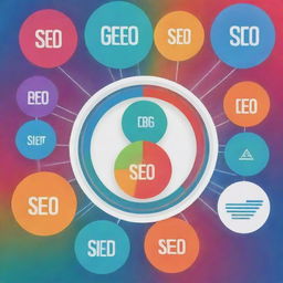 An abstract digital illustration representing SEO. Icons related to links, keywords, and website optimization against a background showcasing colorful graphs and binary code.