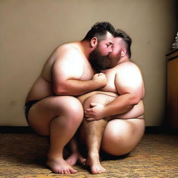 Create an image of a chubby, hairy man kissing the foot of his chubby barber