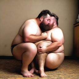 Create an image of a chubby, hairy man kissing the foot of his chubby barber