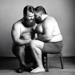 Create an image of a chubby, hairy man kissing the foot of his chubby barber