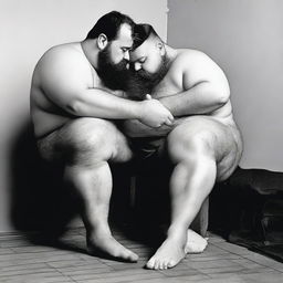 Create an image of a chubby, hairy man kissing the foot of his chubby barber