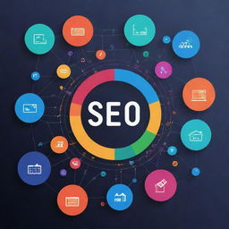 An abstract digital illustration representing SEO. Icons related to links, keywords, and website optimization against a background showcasing colorful graphs and binary code.