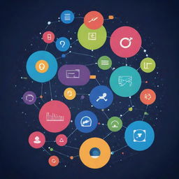 An abstract digital illustration representing SEO. Icons related to links, keywords, and website optimization against a background showcasing colorful graphs and binary code.