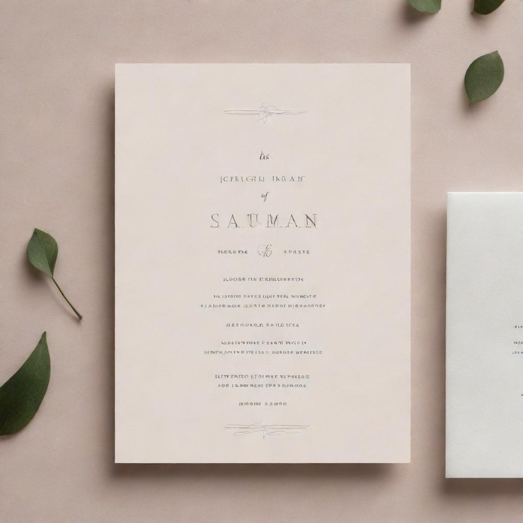 A minimalist wedding invitation template featuring subtle neutral tones, elegant text and simplified, abstract graphical elements.