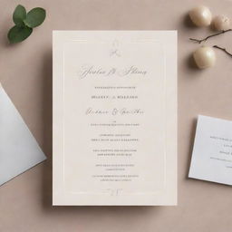 A minimalist wedding invitation template featuring subtle neutral tones, elegant text and simplified, abstract graphical elements.