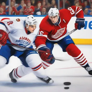 The painter captured the intensity of the game by depicting the hockey player's fierce poke check in his artwork.