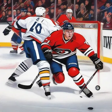 The painter captured the intensity of the game by depicting the hockey player's fierce poke check in his artwork.