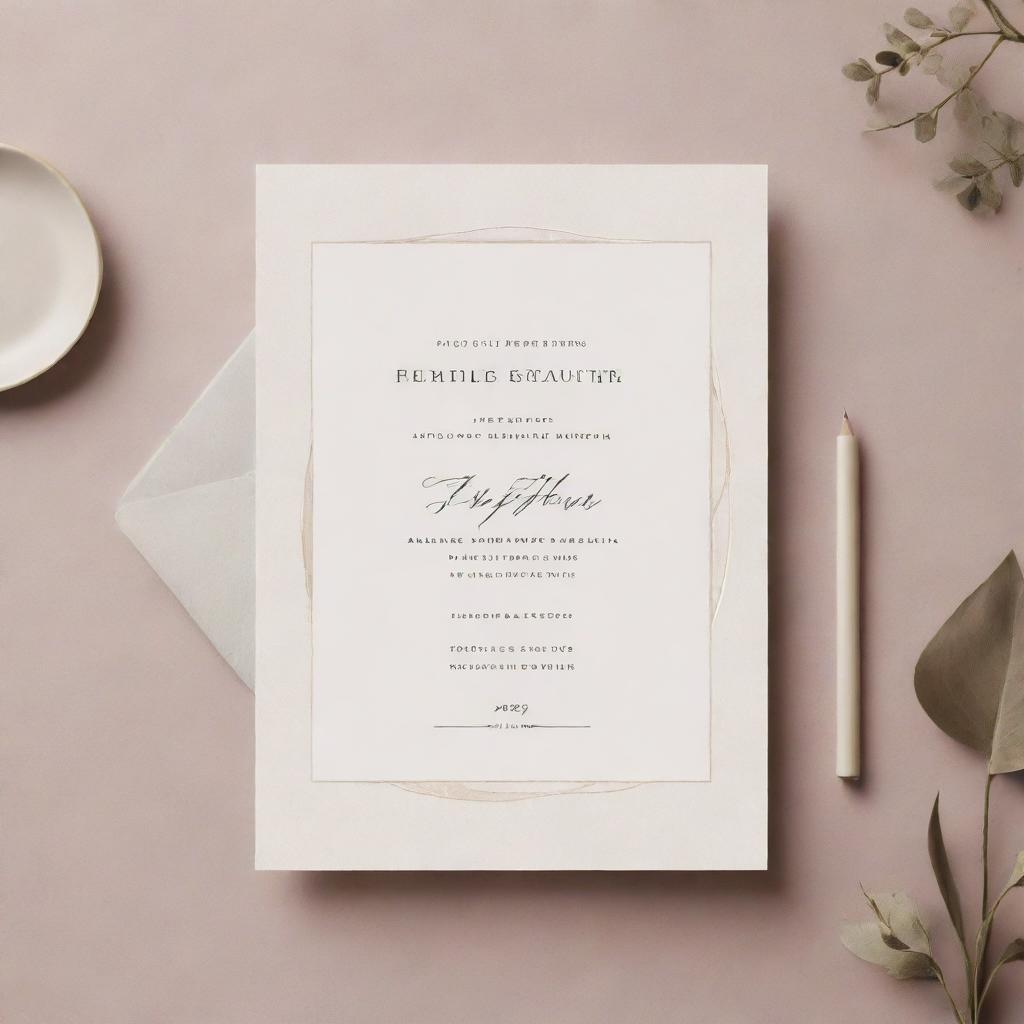 A minimalist wedding invitation template featuring subtle neutral tones, elegant text and simplified, abstract graphical elements.