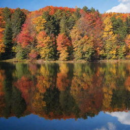 A beautiful autumn landscape with colorful foliage reflecting in a serene lake