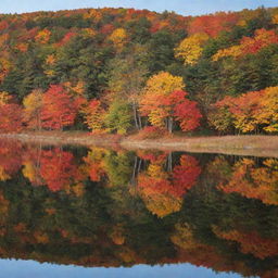 A beautiful autumn landscape with colorful foliage reflecting in a serene lake