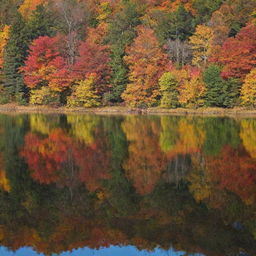 A beautiful autumn landscape with colorful foliage reflecting in a serene lake