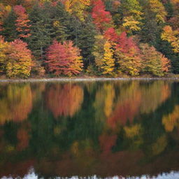 A beautiful autumn landscape with colorful foliage reflecting in a serene lake