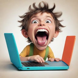 A fantastical scene of a boy with an exaggeratedly wide-open mouth, about to take a playful bite out of a cartoon-styled, colorful laptop