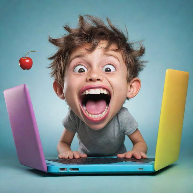 A fantastical scene of a boy with an exaggeratedly wide-open mouth, about to take a playful bite out of a cartoon-styled, colorful laptop