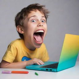 A fantastical scene of a boy with an exaggeratedly wide-open mouth, about to take a playful bite out of a cartoon-styled, colorful laptop