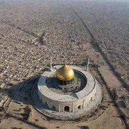 A mesmerizing view of the shrine of Imam Hussain situated above a sweeping panorama of the historic Karbala battlefield.