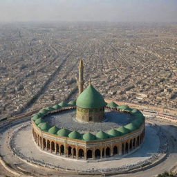 A mesmerizing view of the shrine of Imam Hussain situated above a sweeping panorama of the historic Karbala battlefield.