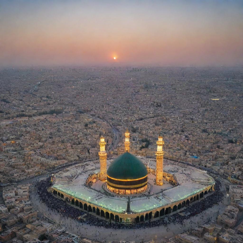 A mesmerizing view of the shrine of Imam Hussain situated above a sweeping panorama of the historic Karbala battlefield.