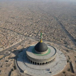 A mesmerizing view of the shrine of Imam Hussain situated above a sweeping panorama of the historic Karbala battlefield.