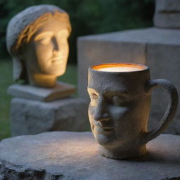 A glowing coffee mug right next to an ancient, weathered stone statue.