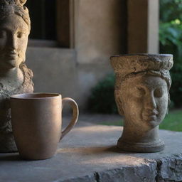 A glowing coffee mug right next to an ancient, weathered stone statue.