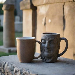 A glowing coffee mug right next to an ancient, weathered stone statue.