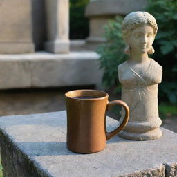 A glowing coffee mug right next to an ancient, weathered stone statue.