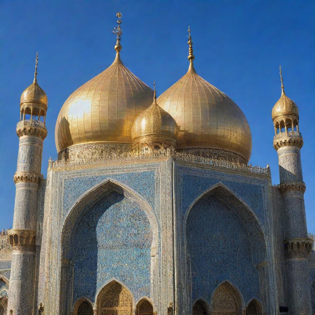 The exquisitely detailed shrine of Imam Hussain, glowing with golden splendor against a clear blue sky.