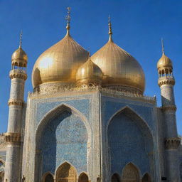 The exquisitely detailed shrine of Imam Hussain, glowing with golden splendor against a clear blue sky.