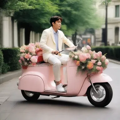 In the romantic comedy film, the protagonist surprised their love interest with a self-propelled vehicle customized with decorations and flowers.