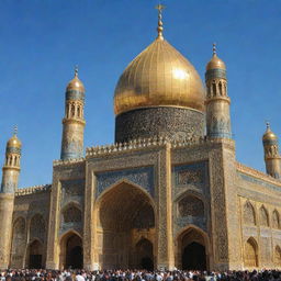 The exquisitely detailed shrine of Imam Hussain, glowing with golden splendor against a clear blue sky.