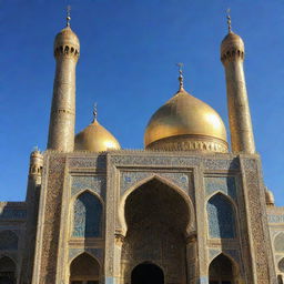 The exquisitely detailed shrine of Imam Hussain, glowing with golden splendor against a clear blue sky.