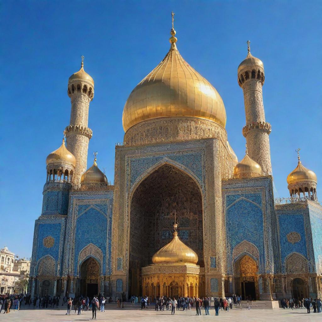 The exquisitely detailed shrine of Imam Hussain, glowing with golden splendor against a clear blue sky.