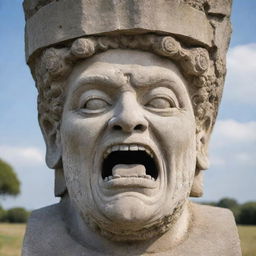 Depict an ancient stone statue with a face contorted in anger.