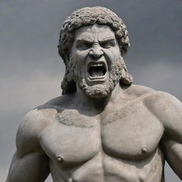 Modify the previous image to depict the ancient stone statue with an even more enraged expression.