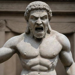 Modify the previous image to depict the ancient stone statue with an even more enraged expression.