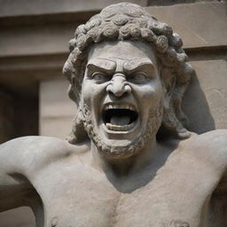 Modify the previous image to depict the ancient stone statue with an even more enraged expression.