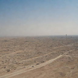 A sweeping view of the stark yet historically rich Karbala battlefield under a wide-open sky.