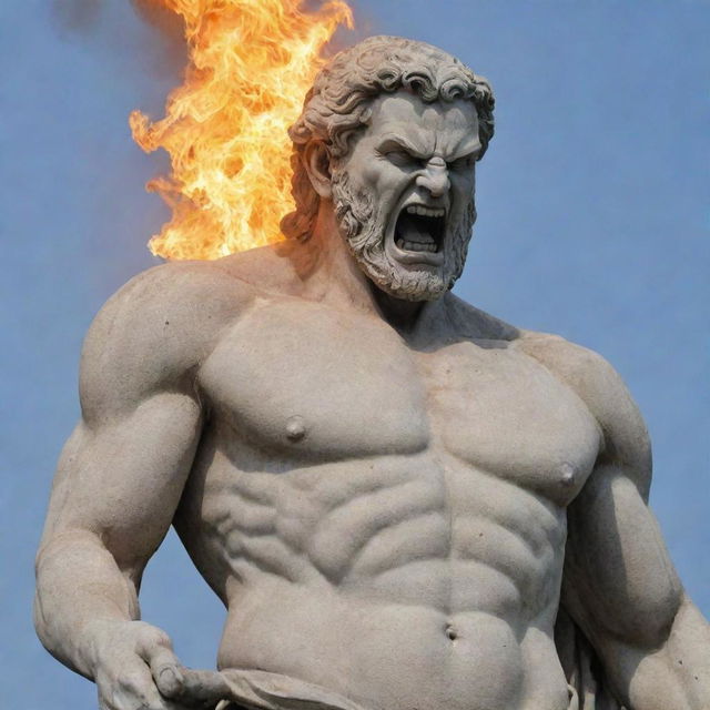 Heighten the anger in the ancient stone statue's expression, making it look furiously inflamed with rage.