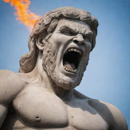 Heighten the anger in the ancient stone statue's expression, making it look furiously inflamed with rage.