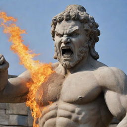 Heighten the anger in the ancient stone statue's expression, making it look furiously inflamed with rage.