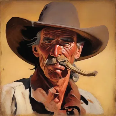 The artist depicted a cowboy with a chaw of tobacco in his mouth in his painting.