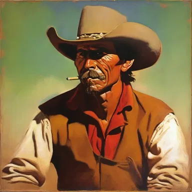 The artist depicted a cowboy with a chaw of tobacco in his mouth in his painting.