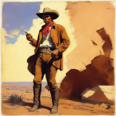 The artist depicted a cowboy chawing tobacco in their painting.